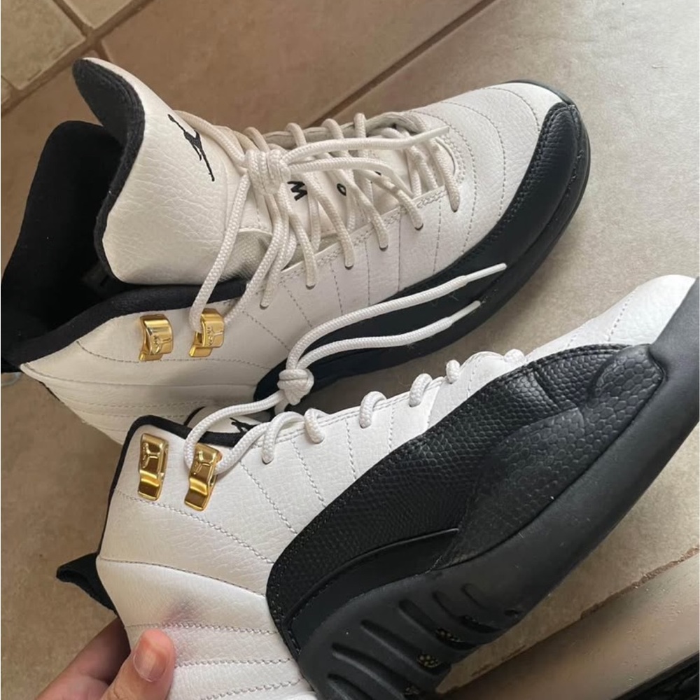 Jordan 12 Taxi Sneakers White Black Gold